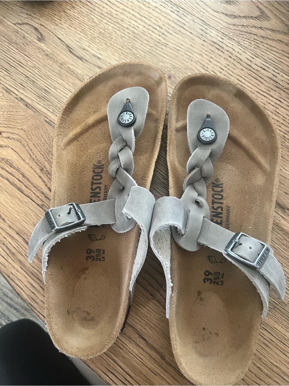 Birkenstock Women’s Gizeh Light Gray , Leather Braided Toe-Post Sandals